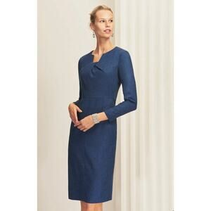 The Fold Wool Blend Dress Size 16 Blue Smart Long Sleeves Pleated Front Y-Neck